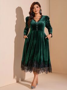 Comfylo Plus Size Women's Contrast Lace V-Neck Button Design Elegant Dress Fall - Dark Green - View 8