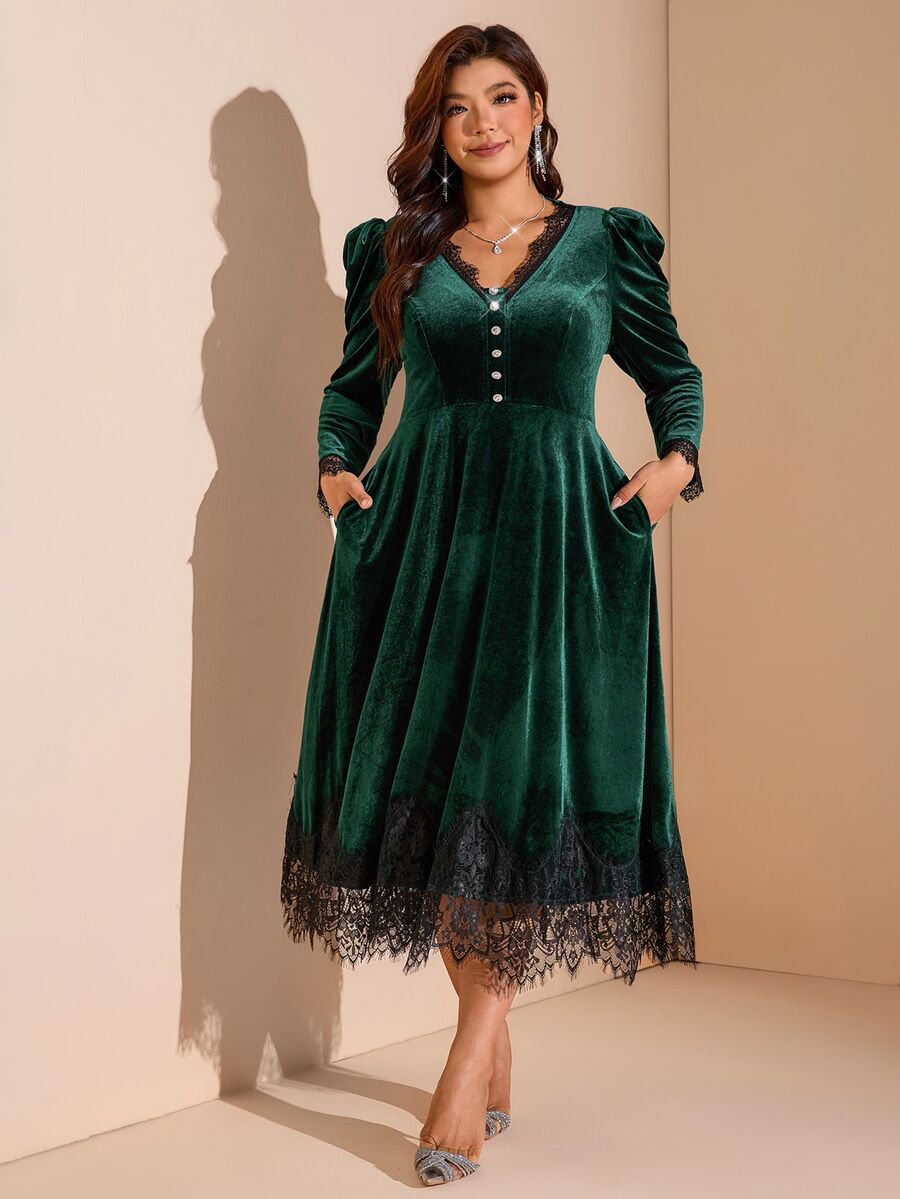 Comfylo Plus Size Women's Contrast Lace V-Neck Button Design Elegant Dress Fall - Dark Green - View 1