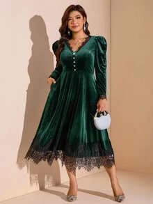 Comfylo Plus Size Women's Contrast Lace V-Neck Button Design Elegant Dress Fall - Dark Green - View 1