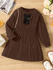 SHEIN فستان بناتي بني محبوك بأكمام طويلة وياقة دائرية وفيونكة وتصميم كابل محبوك بقصة A-Line - بني - مشاهدة 2