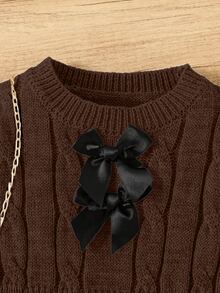 SHEIN فستان بناتي بني محبوك بأكمام طويلة وياقة دائرية وفيونكة وتصميم كابل محبوك بقصة A-Line - بني - مشاهدة 5