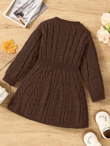 SHEIN فستان بناتي بني محبوك بأكمام طويلة وياقة دائرية وفيونكة وتصميم كابل محبوك بقصة A-Line - بني - مشاهدة 3