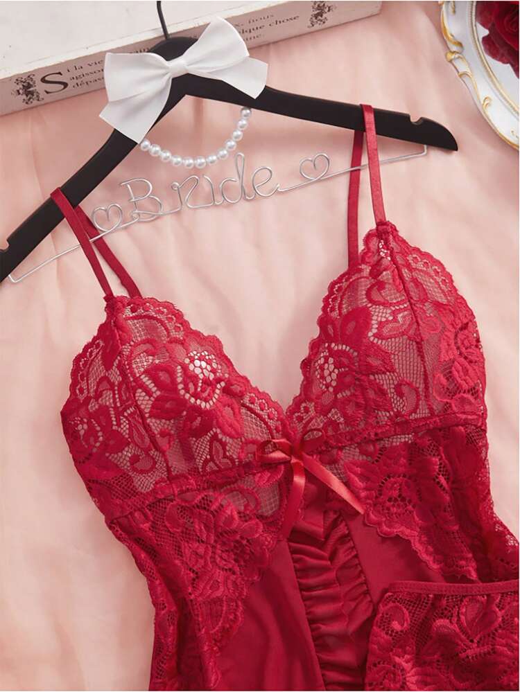 ROMWE Kawaii 2pcs/Set Women's Sexy V-Neck Lace Camisole Nightgown, Suitable For Home Wear [Chest Floral Pattern & Front Panel Placement Random] - Burgundy - View 5
