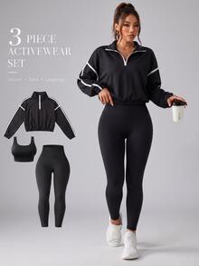 StreetHx 女款3件式運動套裝，黑白對比條紋半拉鍊立領寬腰夾克、細肩帶背心上衣、高腰健身瑜伽褲 - 黑色 - 查看 1