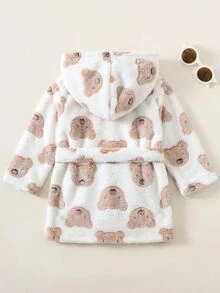 SHEIN Newborn Baby Boy Cute Fluffy Letter Pattern Blue Hooded Robe Sleepwear Baby Boy Bathrobe Autumn Winter - Multicolor - View 7
