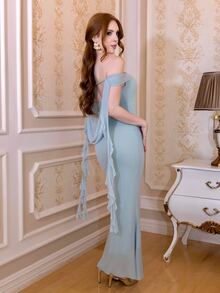 Livia Nhezoto 女士纯色露肩褶皱紧身拼接腰带优雅连衣裙 - 藍色 - 查看 5