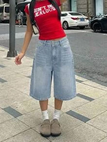 SHEIN 青少年女孩 Y2K 復古水洗口袋設計寬鬆百慕大牛仔長短褲，夏季牛仔短褲，適合夏季休閒、學校、校園、大學，適合春夏波希米亞風、季節復古/海灘/海洋/優雅畢業季、夏季假期、春季、女孩海灘、度假女孩、情人節、夏季假期、女孩海灘度假假期、畢業 - 淺色水洗藍 - 查看 3
