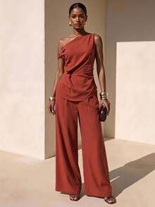 Zivah Rust Brown Summer Elegant Party Women's 2 Pieces Set,Asymmetric Shoulder Metallic Decor Pleated Top And Wide Leg Pants,Glossy Textured Fabric Outfit - Brown - View 1