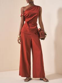 Zivah Rust Brown Summer Elegant Party Women's 2 Pieces Set,Asymmetric Shoulder Metallic Decor Pleated Top And Wide Leg Pants,Glossy Textured Fabric Outfit - Brown - View 8