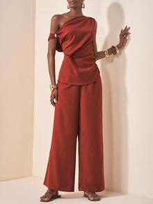Zivah Rust Brown Summer Elegant Party Women's 2 Pieces Set,Asymmetric Shoulder Metallic Decor Pleated Top And Wide Leg Pants,Glossy Textured Fabric Outfit - Brown - View 5