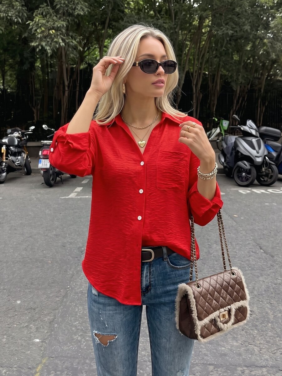 SHEIN PariChic 休闲纯色口袋纽扣长袖简约衬衫 - 紅色 - 查看 1