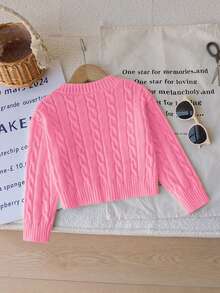 Young Girl Knight Embroidery V-Neck Cable Knit Long Sleeve Sweater, Suitable For Autumn/Winter - Hot Pink - View 2