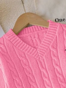 Young Girl Knight Embroidery V-Neck Cable Knit Long Sleeve Sweater, Suitable For Autumn/Winter - Hot Pink - View 7