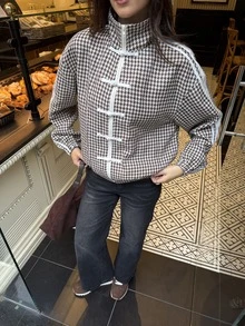 Aloruh 女款休閒運動風千鳥格撞色飾邊棕色長袖修身夾克，秋冬新款 - 棕色 - 查看 8