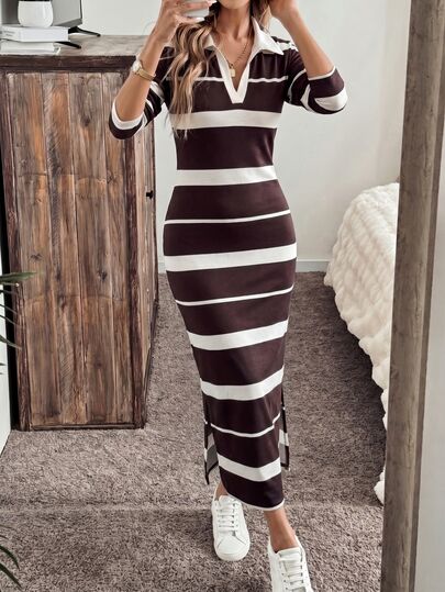 Easowa Curve Plus Size Striped Colorblock Long Sleeve Casual Vacation Dress