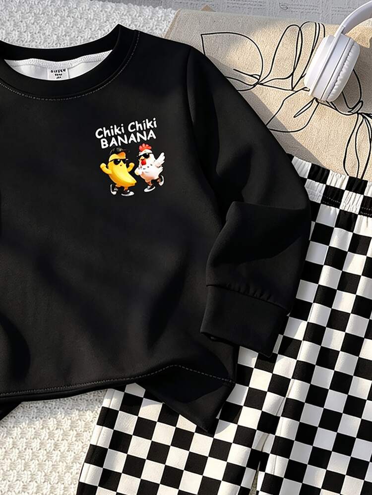 1 Set Spring/Autumn New Boys Round Neck Sweatshirt Outfit, Fashionable Casual Versatile Handsome Cool, Front And Back Chiki Funny Banana Chick Cartoon Print Eye-Catching, Paired With Black And White Checkerboard Long Pants With Layered Effect, Suitable For Multiple Occasions, One Outfit Multiple Wear Styles For Eye-Catching Spring/Autumn Looks, Excellent Choice As Boys Clothing Gift - Multicolor - View 4