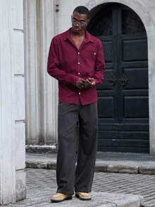 Mainfolk 男士休閒單排扣長袖襯衫街頭風聖誕冬季派對秋季酒紅色 - 棕色 - 查看 8