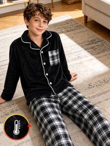 Boys' Relaxed Fit Open Front Top And Pants Set, New Autumn/Winter Fleece Fabric, Comfortable Minimalist Plaid With Contrast Trim Design, Suitable For Home Wear And Pajamas - Black and White - View 4