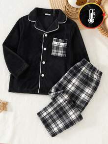 Boys' Relaxed Fit Open Front Top And Pants Set, New Autumn/Winter Fleece Fabric, Comfortable Minimalist Plaid With Contrast Trim Design, Suitable For Home Wear And Pajamas - Black and White - View 1