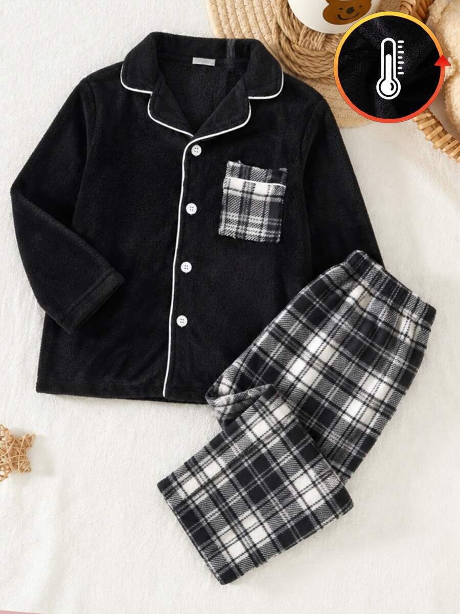 Boys' Relaxed Fit Open Front Top And Pants Set, New Autumn/Winter Fleece Fabric, Comfortable Minimalist Plaid With Contrast Trim Design, Suitable For Home Wear And Pajamas - Black and White - View 1