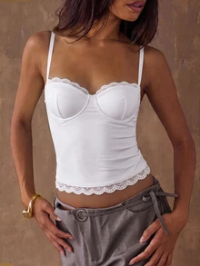 SHEIN BAE 女款純色對比蕾絲修身細肩帶背心萬聖節 - 白色 - 查看 4