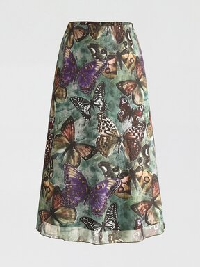 Fairycore Plus Size Women Forest Style Moth Multi-Color Floral Plant Mesh Print A-Line Skirt