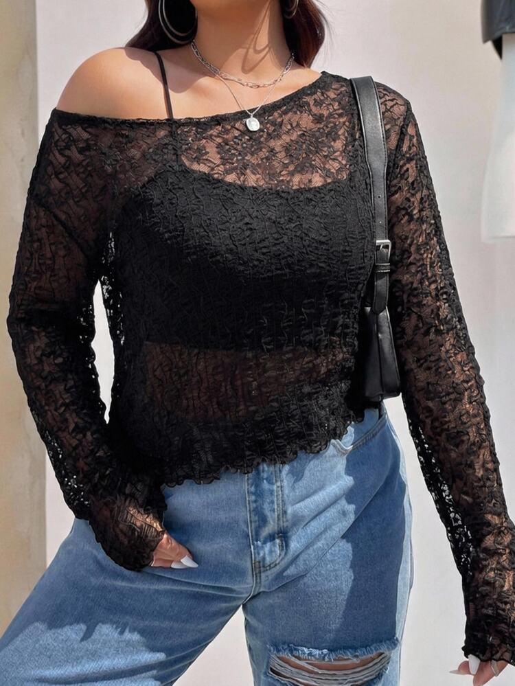 Comfortcana Plus Size Halloween Black Lace Long Sleeve Sheer Cold Shoulder Women's Top Party Night Fall Fluffy Sexy - Black - View 1