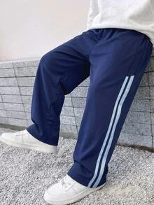 SHEIN 兒童小男孩藍色時尚運動休閒學院風百搭簡約實用舒適彈性腰長褲，附裝飾織帶，適合日常穿著、上學、旅行、運動，秋季穿搭下身褲 - 藏蓝色 - 查看 2