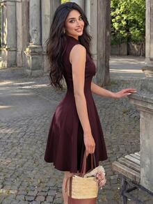 Modelyn Women's Spring/Summer Apricot Woven Sleeveless Water Drop Neckline Metal Button Waist-Cinching A-Line Elegant Romantic Dress - Burgundy - View 7