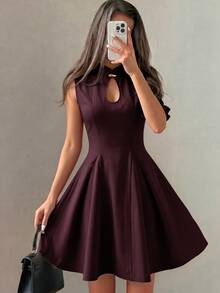 Modelyn Women's Spring/Summer Apricot Woven Sleeveless Water Drop Neckline Metal Button Waist-Cinching A-Line Elegant Romantic Dress - Burgundy - View 5