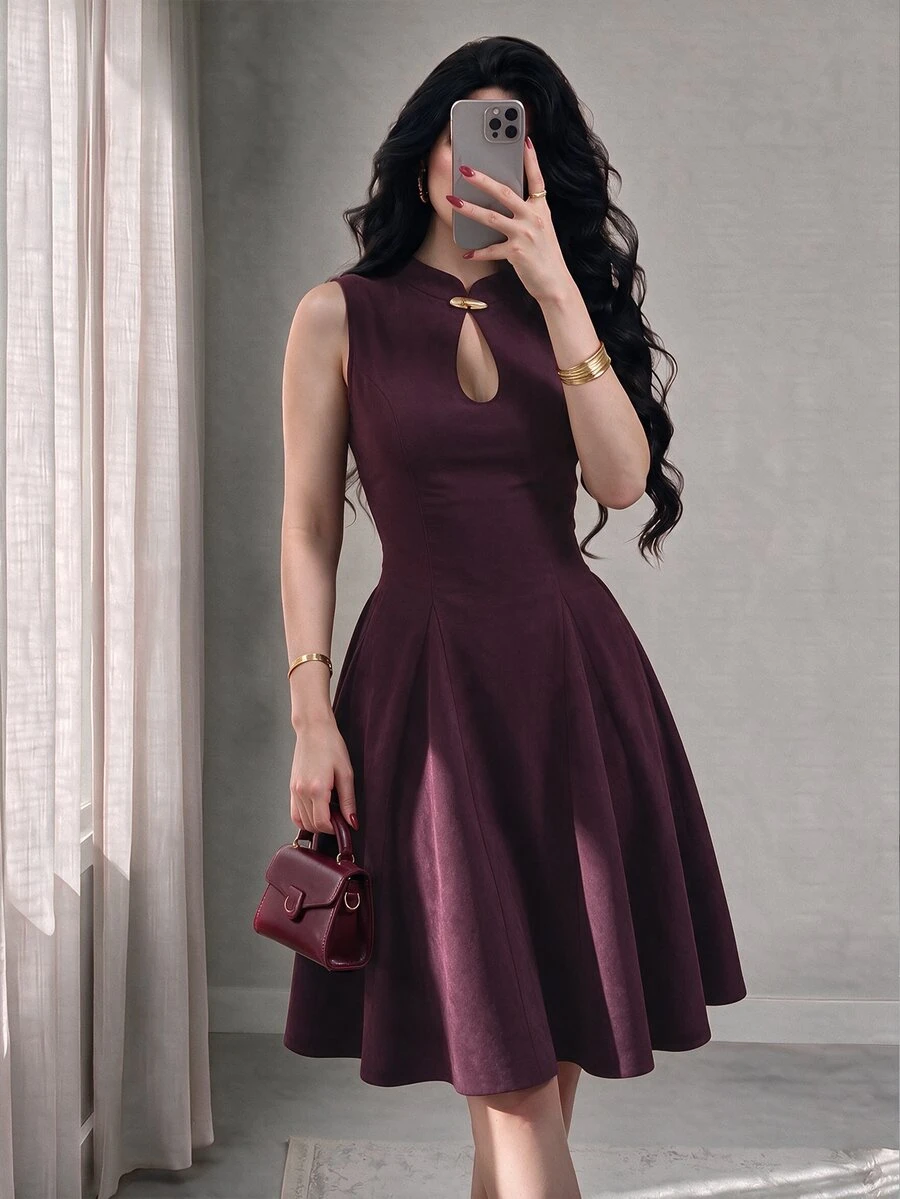 Modelyn Women's Spring/Summer Apricot Woven Sleeveless Water Drop Neckline Metal Button Waist-Cinching A-Line Elegant Romantic Dress - Burgundy - View 1