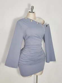 SHEIN ICON 女款大尺碼黑色秋季少女風Y2K洋裝，演唱會夜店聚會穿搭，不對稱單肩、金屬孔眼、抽褶下擺、喇叭袖、修身版型 - 霧霾藍 - 查看 5