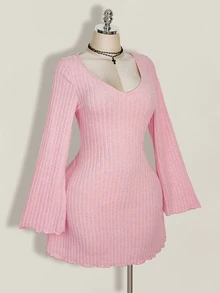 SHEIN ICON Women's Plus Size Autumn And Winter Warm Retro Elegant Commuting Simple V-Neck Trumpet Sleeve Plush Ribbed Black Tight Dress Fall - Pink - View 5