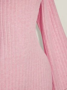SHEIN ICON Women's Plus Size Autumn And Winter Warm Retro Elegant Commuting Simple V-Neck Trumpet Sleeve Plush Ribbed Black Tight Dress Fall - Pink - View 8