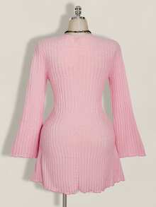 SHEIN ICON Women's Plus Size Autumn And Winter Warm Retro Elegant Commuting Simple V-Neck Trumpet Sleeve Plush Ribbed Black Tight Dress Fall - Pink - View 2