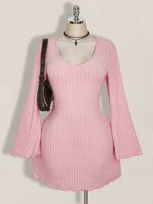 SHEIN ICON Women's Plus Size Autumn And Winter Warm Retro Elegant Commuting Simple V-Neck Trumpet Sleeve Plush Ribbed Black Tight Dress Fall - Pink - View 1