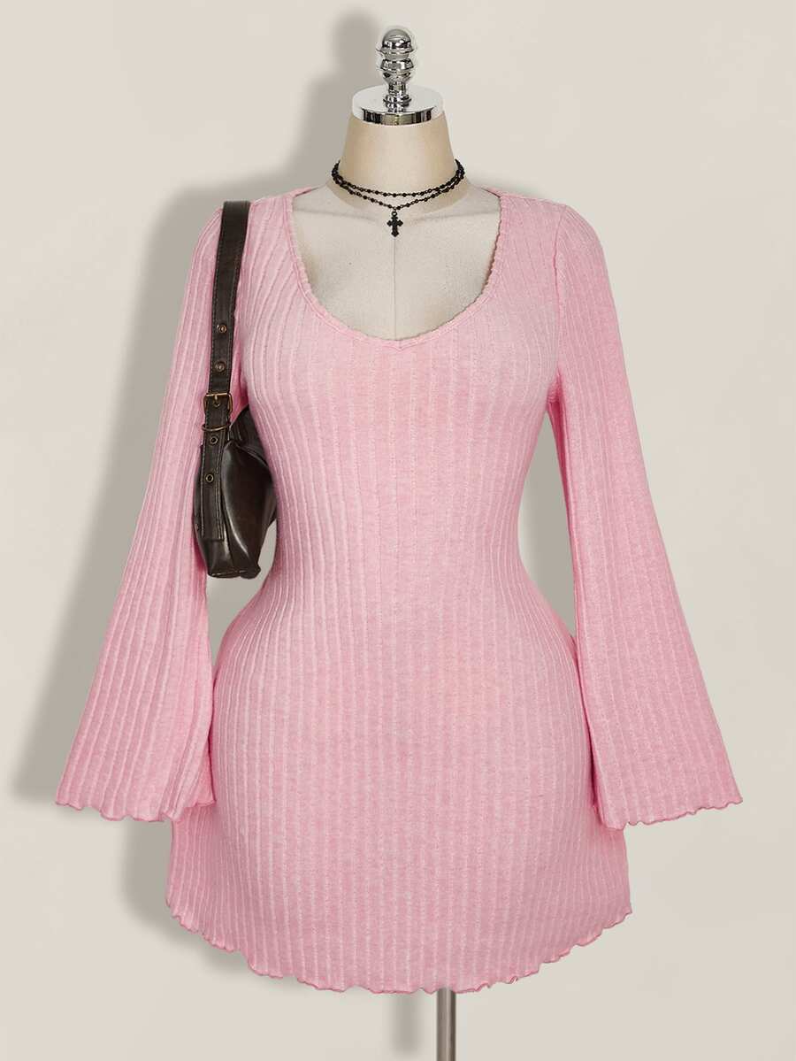 SHEIN ICON Women's Plus Size Autumn And Winter Warm Retro Elegant Commuting Simple V-Neck Trumpet Sleeve Plush Ribbed Black Tight Dress Fall - Pink - View 1