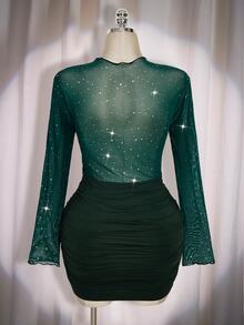 SHEIN ICON 大尺碼女款黑色秋季 70 年代夜生活夜店派對優雅復古 Y2K 現代亮片網紗透視百褶裹身修身長袖宴會禮服 - 墨綠色 - 查看 2
