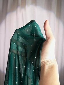 SHEIN ICON 大尺碼女款黑色秋季 70 年代夜生活夜店派對優雅復古 Y2K 現代亮片網紗透視百褶裹身修身長袖宴會禮服 - 墨綠色 - 查看 11