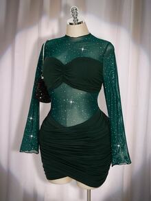 SHEIN ICON 大尺碼女款黑色秋季 70 年代夜生活夜店派對優雅復古 Y2K 現代亮片網紗透視百褶裹身修身長袖宴會禮服 - 墨綠色 - 查看 4