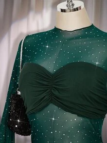 SHEIN ICON 大尺碼女款黑色秋季 70 年代夜生活夜店派對優雅復古 Y2K 現代亮片網紗透視百褶裹身修身長袖宴會禮服 - 墨綠色 - 查看 5