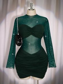 SHEIN ICON 大尺碼女款黑色秋季 70 年代夜生活夜店派對優雅復古 Y2K 現代亮片網紗透視百褶裹身修身長袖宴會禮服 - 墨綠色 - 查看 1
