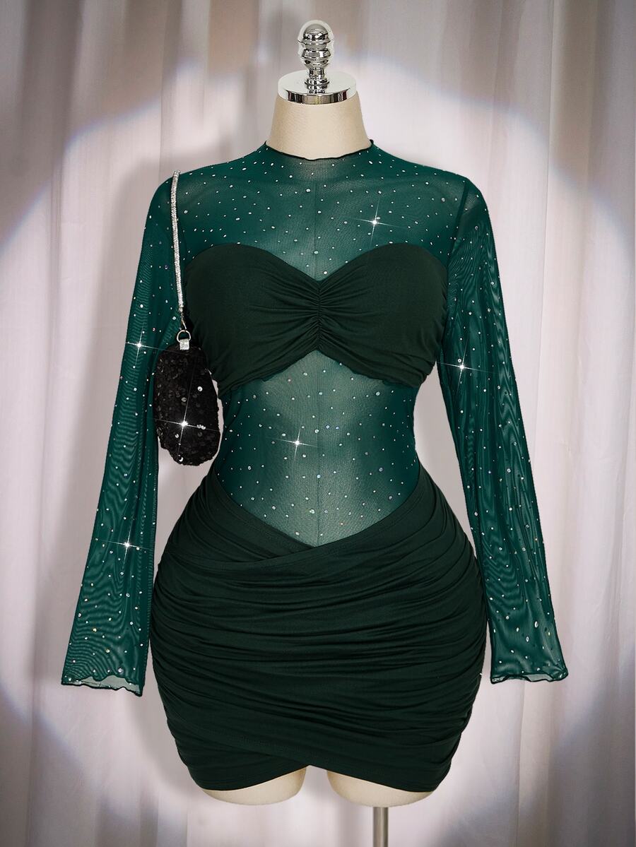SHEIN ICON 大尺碼女款黑色秋季 70 年代夜生活夜店派對優雅復古 Y2K 現代亮片網紗透視百褶裹身修身長袖宴會禮服 - 墨綠色 - 查看 1