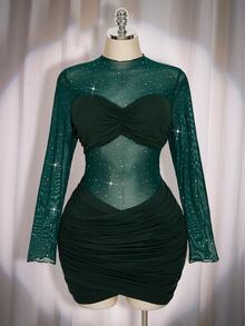 SHEIN ICON 大尺碼女款黑色秋季 70 年代夜生活夜店派對優雅復古 Y2K 現代亮片網紗透視百褶裹身修身長袖宴會禮服 - 墨綠色 - 查看 3