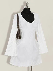 SHEIN ICON Women's Plus Size Autumn And Winter Warm Retro Elegant Commuting Simple V-Neck Trumpet Sleeve Plush Ribbed Black Tight Dress Fall - White - View 4