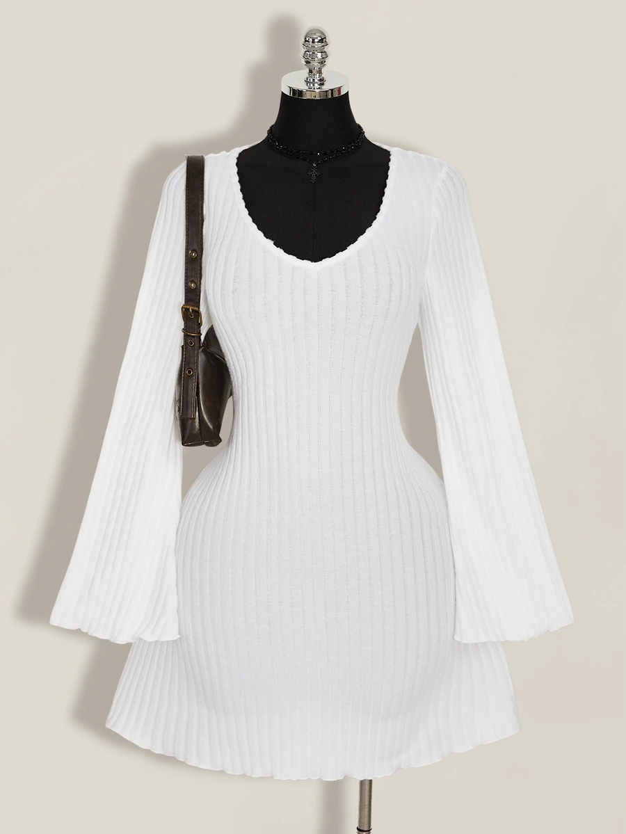 SHEIN ICON Women's Plus Size Autumn And Winter Warm Retro Elegant Commuting Simple V-Neck Trumpet Sleeve Plush Ribbed Black Tight Dress Fall - White - View 1
