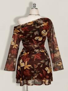 SHEIN ICON Plus Size Y2K Maple Leaf Print Mesh Long Sleeve Dress, Vintage, Casual, Fitted Dress, Suitable For Spring Fall - Brown - View 2