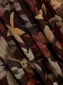 SHEIN ICON Plus Size Y2K Maple Leaf Print Mesh Long Sleeve Dress, Vintage, Casual, Fitted Dress, Suitable For Spring Fall - Brown - View 8
