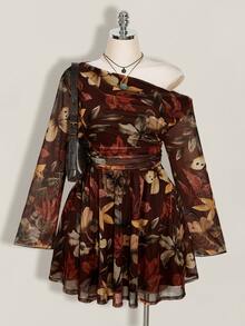 SHEIN ICON Plus Size Y2K Maple Leaf Print Mesh Long Sleeve Dress, Vintage, Casual, Fitted Dress, Suitable For Spring Fall - Brown - View 1