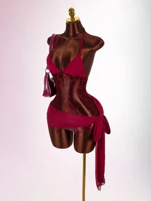 Amplova Women's Burgundy Summer Club Party Night Out Rave Lace Sheer Mini Dress,Plunging Neck Mesh Contrast Floral Trim,Wrap Flared Hem Chiffon New Year Sexy - Burgundy - View 4